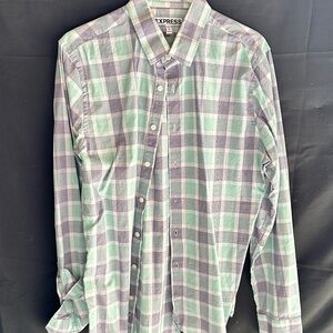 Teal and Navy Stripe Plaid Express Slim Fit Dress Shirt